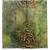 エメラルドグリーン素朴スチームパンク時計(11) シャワーカーテン (正面)