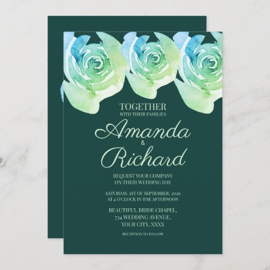 エメラルドグリーン素朴バラボタニカル庭園の結婚式 招待状 (正面/裏面)