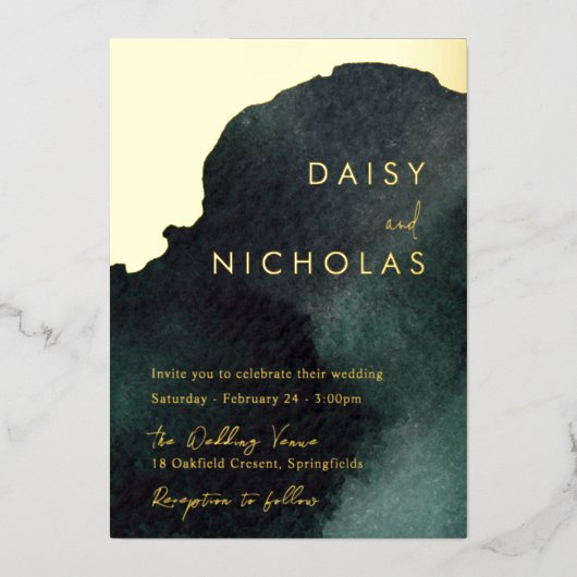 エメラルドグリーン結婚ズ:水彩金ゴールド 箔招待状 (正面)