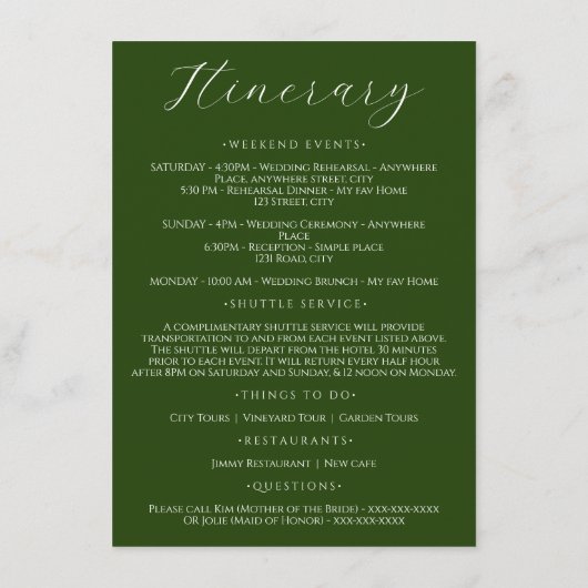 エメラルドグリーン結婚ミニマリストの週末の日程 エンクロージャーカード (裏面)