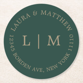 エメラルドグリーン結婚モノグラム ラウンドペーパーコースター