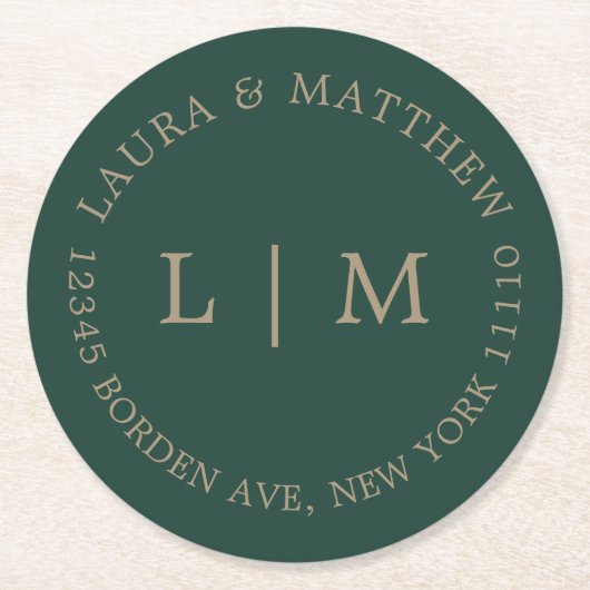 エメラルドグリーン結婚モノグラム ラウンドペーパーコースター (正面)