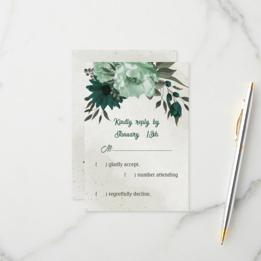 エメラルドグリーン花結婚植物体 出欠カード (正面/裏面インサイチュ)