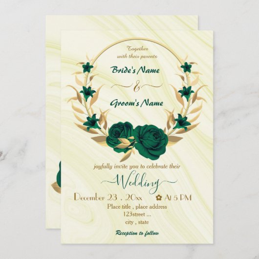 エメラルドグリーン花金ゴールド結婚リース 招待状 (正面/裏面)