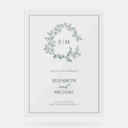 エメラルドグリーン葉付きクレストモノグラムウェルカム結婚ズ アクリルサイン (正面)