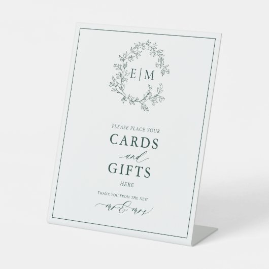 エメラルドグリーン葉付きクレストモノグラムカード&ギフト 台座サイン (正面)