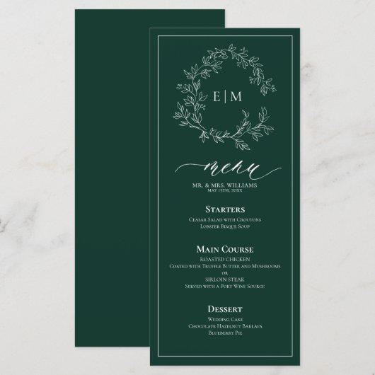 エメラルドグリーン葉付きクレストモノグラム結婚ズメニュー メニュー (正面/裏面)