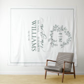 エメラルドグリーン葉付きクレストモノグラム結婚ズ タペストリー (インサイチュ(横))