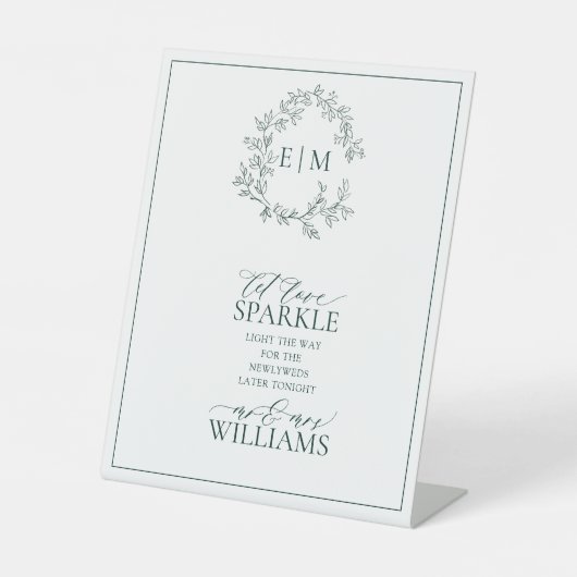 エメラルドグリーン葉付きモノグラムラブスパークル 台座サイン (正面)