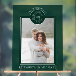 エメラルドグリーン葉冠モノグラム結婚写真 アクリルサイン