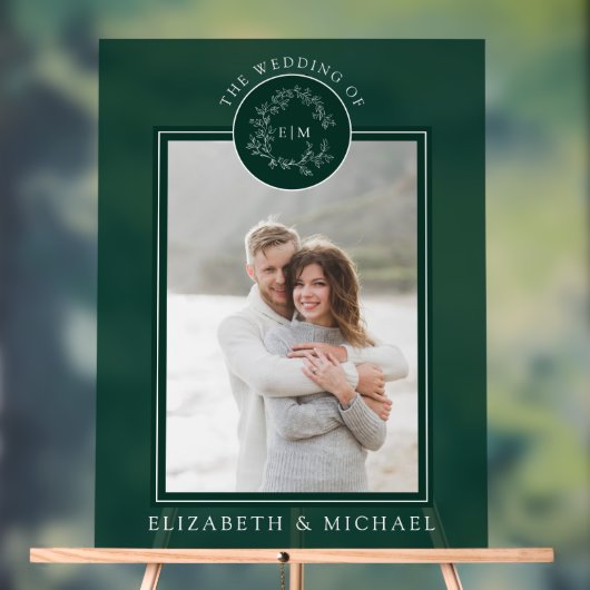 エメラルドグリーン葉冠モノグラム結婚写真 アクリルサイン (ニュートラル)