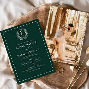 エメラルドグリーン葉冠モノグラム結婚写真 招待状