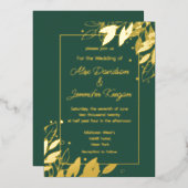 エメラルドグリーン葉金ゴールドボタニッ結婚クの 箔招待状 (正面/裏面)