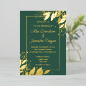 エメラルドグリーン葉金ゴールドボタニッ結婚クの 箔招待状 (立ち正面)