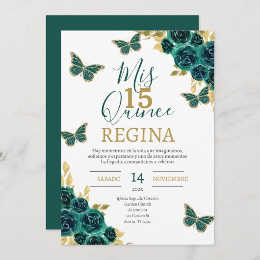 エメラルドグリーン蝶キンセニェラ 招待状 (正面/裏面)