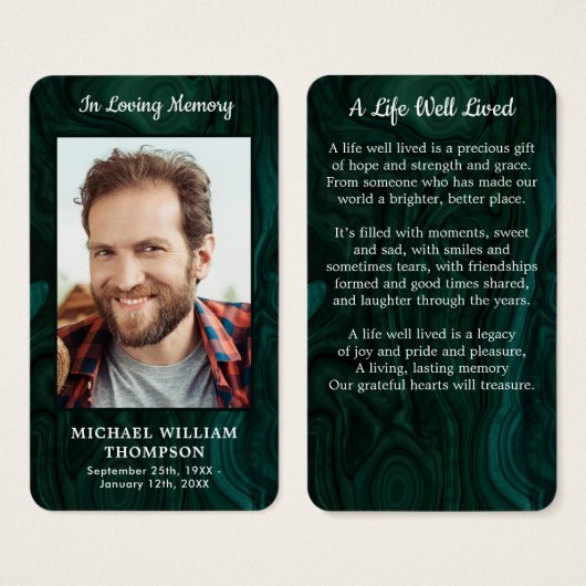 エメラルドグリーン記念写真葬式祈りの言葉カード (正面&裏面)