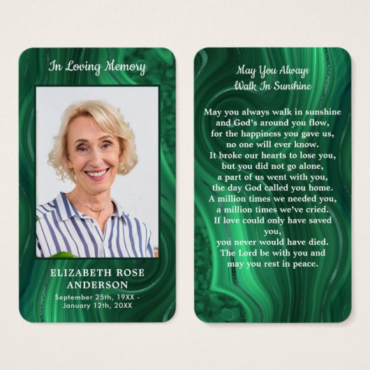 エメラルドグリーン記念写真葬式祈りの言葉カード (正面&裏面)
