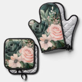エメラルドグリーン赤面ピンク花模様 鍋つかみ&鍋敷きセット (正面/裏面)