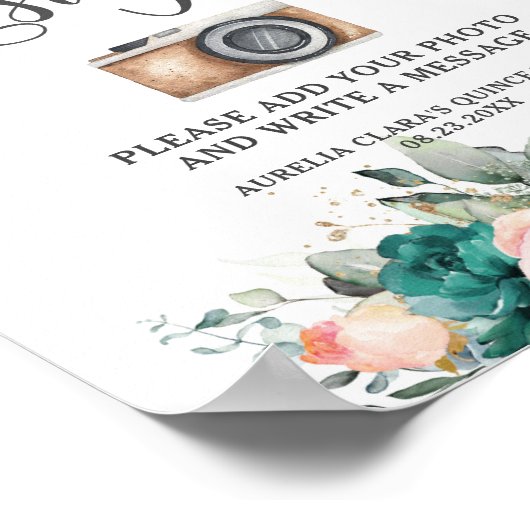 エメラルドグリーン赤面フローラゲストブックフォトサイン ポスター (角)