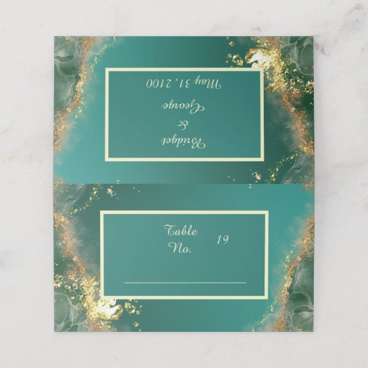 エメラルドグリーン金ゴールドのジュエル結婚トーン プレイスカード (外部開封)
