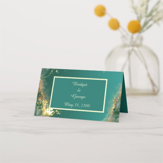 エメラルドグリーン金ゴールドのジュエル結婚トーン プレイスカード (裏面)