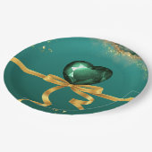 エメラルドグリーン金ゴールドのジュエル結婚トーン ペーパープレート (アングル)