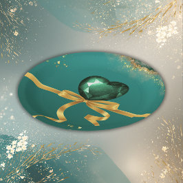 エメラルドグリーン金ゴールドのジュエル結婚トーン ペーパープレート