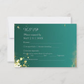 エメラルドグリーン金ゴールドのジュエル結婚トーン 出欠カード (正面)