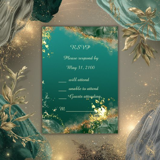 エメラルドグリーン金ゴールドのジュエル結婚トーン 出欠カード