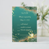 エメラルドグリーン金ゴールドのジュエル結婚トーン 出欠カード (スタンド正面)