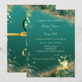 エメラルドグリーン金ゴールドのジュエル結婚トーン 招待状 (正面/裏面)