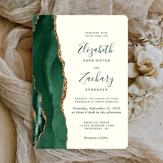 エメラルドグリーン金ゴールドアゲートアイボリーラウン結婚ド 招待状