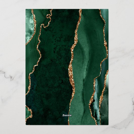 エメラルドグリーン金ゴールドアゲートネイビーブルー結婚ズ 箔招待状 (裏面)