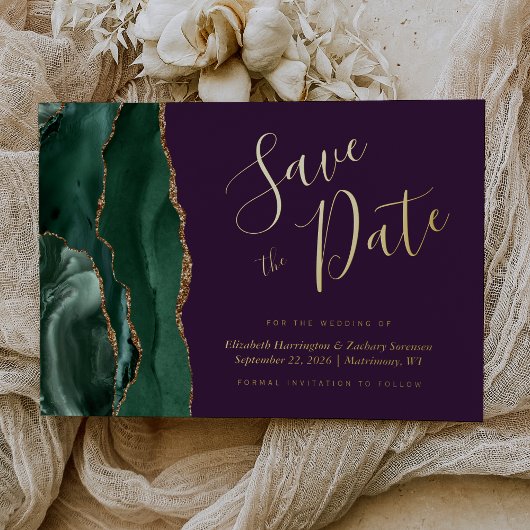 エメラルドグリーン金ゴールドアゲートパープル日付を保存 箔招待状