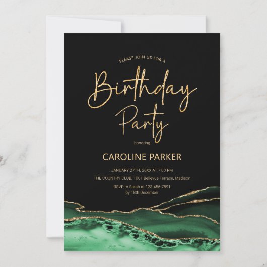 エメラルドグリーン金ゴールドアゲート誕生日任意の年齢 招待状 (正面)