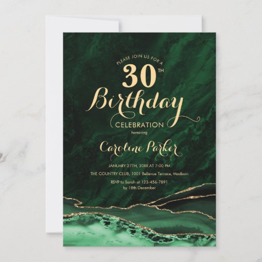 エメラルドグリーン金ゴールドアゲート30歳の誕生日 招待状 (正面)