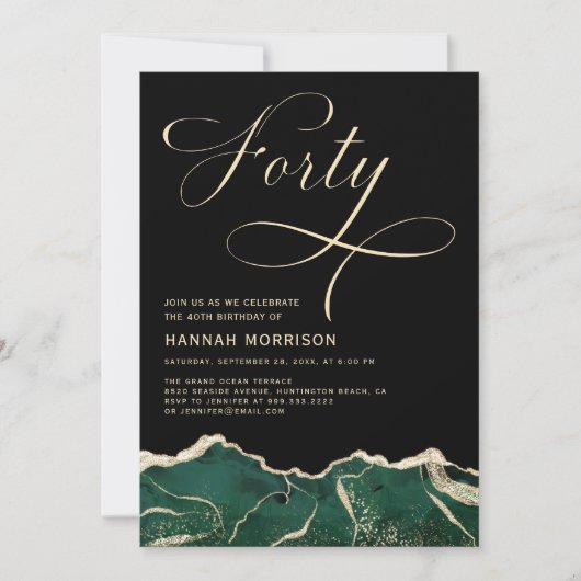 エメラルドグリーン金ゴールドアゲート40th四十誕生日 招待状 (正面)