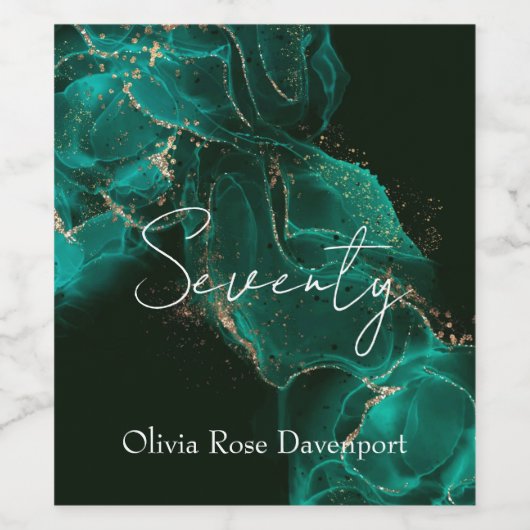 エメラルドグリーン金ゴールドアルコールインク70th誕生日パーティー ワインラベル (シングルラベル)