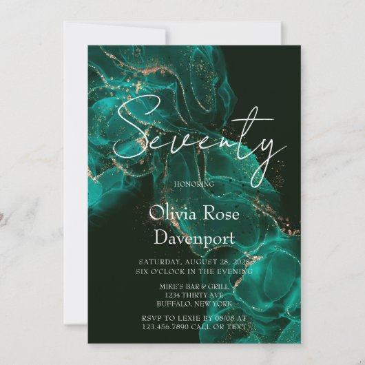 エメラルドグリーン金ゴールドアルコールインク70th誕生日パーティー 招待状 (正面)