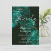 エメラルドグリーン金ゴールドアルコールインク70th誕生日パーティー 招待状 (スタンド正面)