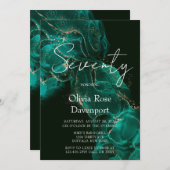 エメラルドグリーン金ゴールドアルコールインク70th誕生日パーティー 招待状 (正面/裏面)