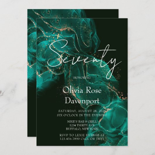 エメラルドグリーン金ゴールドアルコールインク70th誕生日パーティー 招待状 (正面/裏面)