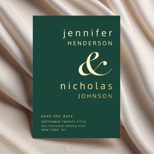 エメラルドグリーン金ゴールドアンパサンド結婚式の日付の保存 箔招待状