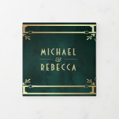 エメラルドグリーン金ゴールドアールデコフォトコラージュ結婚ズ 三つ折り招待状 (カバー)