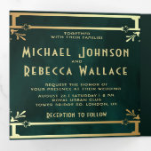 エメラルドグリーン金ゴールドアールデコフォトコラージュ結婚ズ 三つ折り招待状 (内部最初)