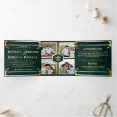 エメラルドグリーン金ゴールドアールデコフォトコラージュ結婚ズ 三つ折り招待状 (内部)