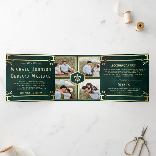 エメラルドグリーン金ゴールドアールデコフォトコラージュ結婚ズ 三つ折り招待状 (内部)