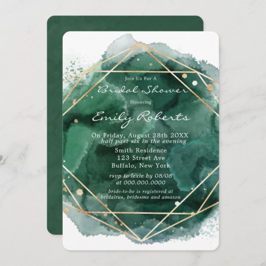 エメラルドグリーン金ゴールドウォーターカラーブライダルシャワー 招待状 (正面/裏面)
