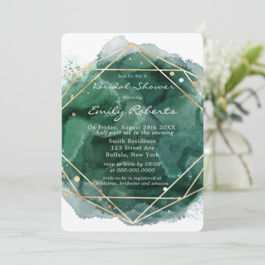 エメラルドグリーン金ゴールドウォーターカラーブライダルシャワー 招待状 (スタンド正面)