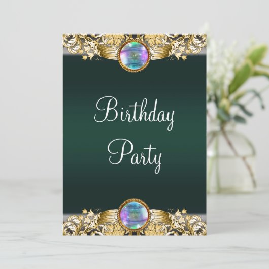 エメラルドグリーン金ゴールドウーマンズバースデーパーティー 招待状 (スタンド正面)